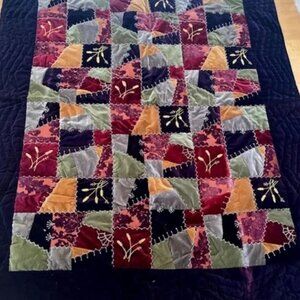 Vintage CRAZY QUILT Embroidered Velvet Throw Blanket Wheat Harvest